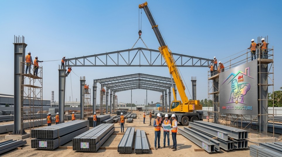 Prefab warehouse building in Bangladesh - steel warehouse under construction